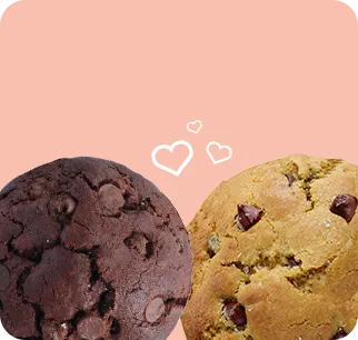 A2/A2 grass-fed organic chocolate chip and double chocolate cookies on pink background. Premium ingredients, soy-free and seed oil-free.